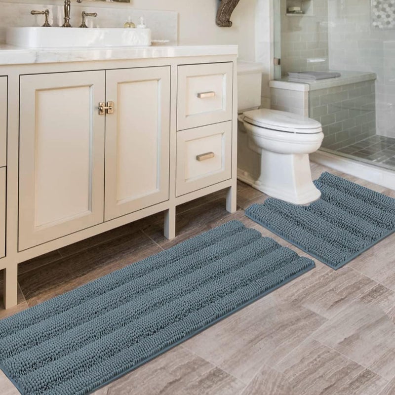 H.VERSAILTEX Bathroom Rugs Bath Rug Set 2 Piece Bathroom Contour Rug Toilet Mat Sets Non Slip Contour Bath Rug Ultra Thick Water Absorbent Striped Bath Mats(47" x 17" Plus 20" x 20" U, Stone Blue) - Image 1